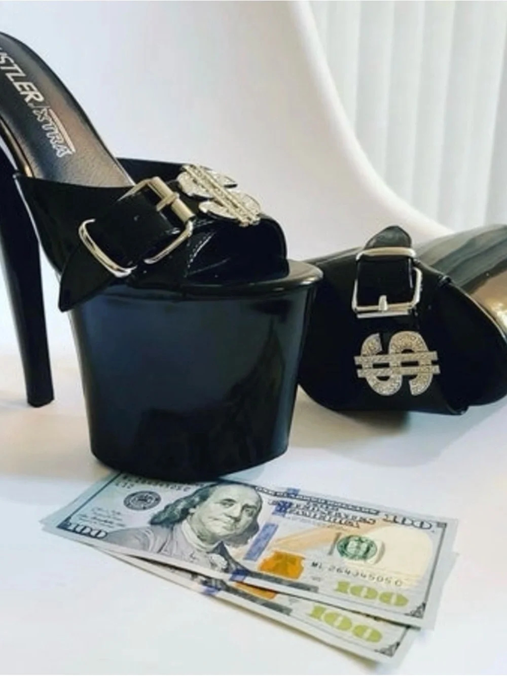 YRU Black Patent Platform Mule Heels with Crystal Dollar Buckle